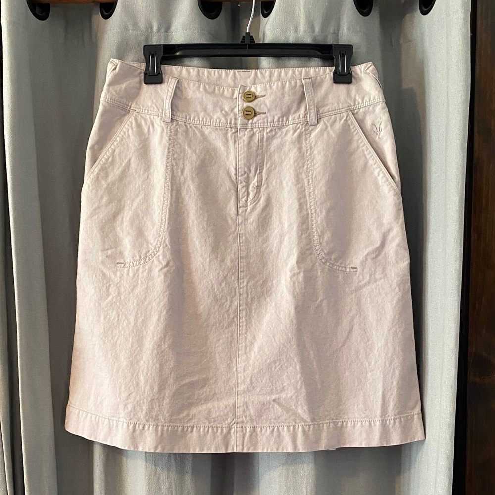 Ibex Organic Cotton/Hemp A-Line Khaki Skirt with Back Kick Pleats, Size 8